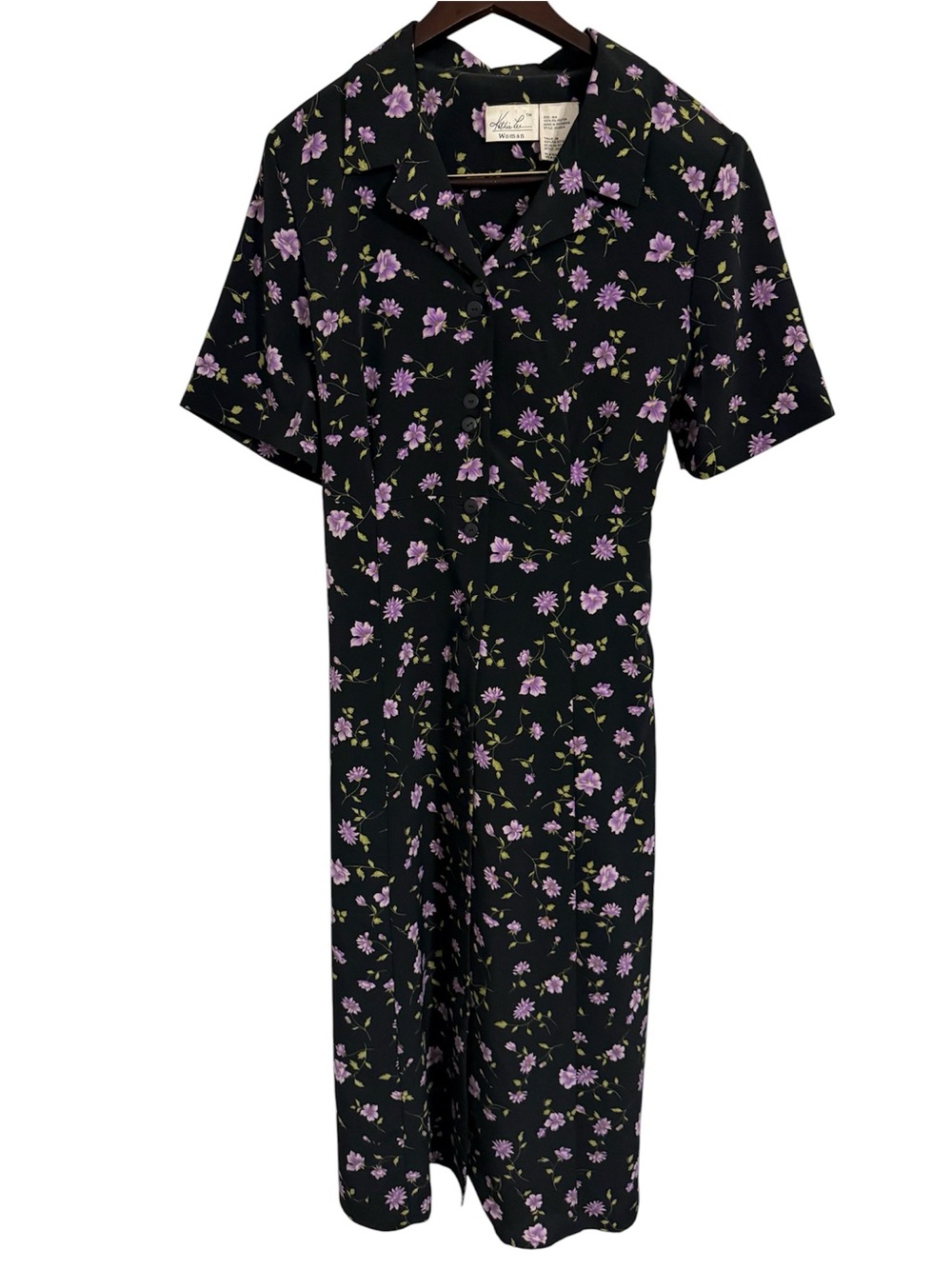 Kathie Lee Collection Black Midi Dress with Lavender Floral Print